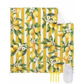 Gsypo Lemon Beach Blanket Waterproof Sandproof 83"x79", Summer Yellow Stripes Oversized Beach Mat with 4 Corner Sand Pocket & 4 Stakes, Compact Outdoor Picnic Mat for Camping Travel Festivals