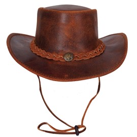 URBAN 5884 Genuine Leather Cowboy Hat, Western Cowboy Hat Made of Cowhide Leather with Adjustable Brim and Chin Strap, chestnut, S