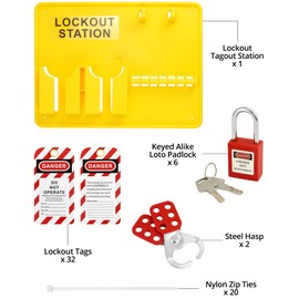 QWORK Lockout Tagout Station with Loto Kits - PP Lockout Station, 6 Safety Padlocks (Keyed Alike), 2 Hasps, 32 Tags, 20 Zip Ties - Industrial, Electric Power, Machinery Safety
