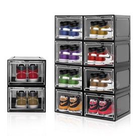 LQCHETOU 10 Pack, Clear Shoe Boxes Stackable,Shoe Storage Boxes for Closet,Sturdy Shoe Box Storage Containers with Clear Door,Sneaker Storage,Easy to Assemble,Fit up to US Size 12 (grey, 10 pack)