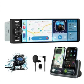 Pyniro Single Din Car Stereo with CarPlay&Android Auto 6.36 inch IPS Touchscreen Radio with Bluetooth 5.0, 720P BackupCamera with 6M Cable,
