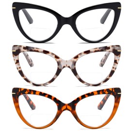prtcslwd 3 Pack Bifocal Cat Eye Reading Glasses for Women Oversized Blue Light Blocking Computer Readers +2.0