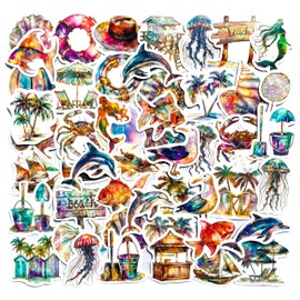 50-Piece Beach Watercolor Stickers Pack - Ocean Coastal Designs with Shells, Dolphins, Mermaids, Jellyfish, Palm Trees - Aesthetic Waterproof Vinyl Stickers for Scrapbooking, Journals, Laptops