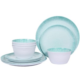 Melamine Dinnerware Sets - 12pcs Dishes Plates and Bowls Set, Service for 4, Turquoise with Spot