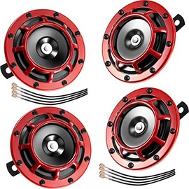 4 Pieces 12V Loud Car Horn High Tone/Low Tone Twin Horn Kit with Protective Grill Super Loud Train Horn for Car Truck Motorcycle Metal Twin Horns Kit with Wiring Harness, Red