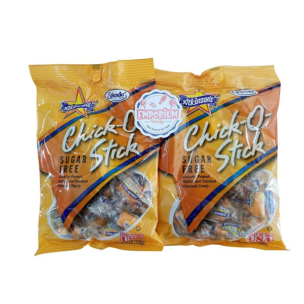 Atkinson's Sugar Free Chick O Stick Peg Bag 2 Pack - Delicious Individually Twist Wrapped Peanut Butter Nugget Candy with Refrigerator Magnet
