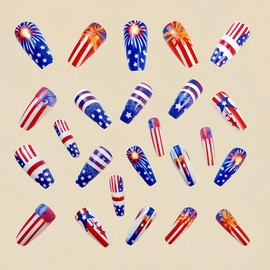 Independence Day Press on Nails Medium Length Coffin Fake Nails with Stars and Stripes Design American Flag False Nails Gloss Glue on Nails Patriotic Acrylic Nails DIY for Women Girls 24Pcs