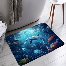 YSATNSFT Dolphin Bath Mat Underwater World Coral Ocean Animal Jellyfish Tropical Nautical Bathroom Bathtub Floor Rugs Doormat Toilet Decor,18 x 30 in