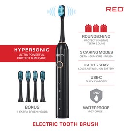 Red by Kiss Hypersonic Ultra Powerful Electric Toothbrush – 3 Cleaning Modes, Gum Care Protection, 75-Day Battery, USB-C Fast Charging, Waterproof IP67, with 4 Extra Brush Head Set (Black)