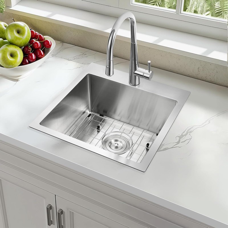 Hotis 15x15 Inch Drop In Bar Sink, Brushed Nickel Stainless