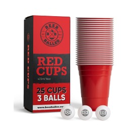 Party Cup Set - 25 Red Cups & 3 Balls | Dishwasher Safe & Reusable | 473 ml - 16 oz Party Cups | Red Party Cups | Original American Party Cups