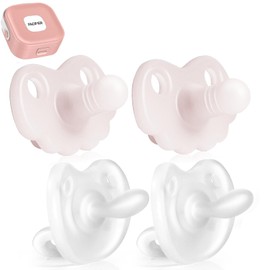 4 Count Silicone One Piece Baby Pacifier ，Orthodontic Nipple Supports Newborn Pacifiers for Babies 0+ Months,2 Night use & 2daytime use (Yellow & White)