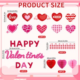 Whaline 3D Valentine Heart Honeycomb Bulletin Board Happy Valentine's Day Classroom Decoration Red Pink Love Heart Cutouts with 200Pcs Glue Points for Party School Home Chalkboard Wall Decor, 56Pcs