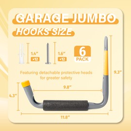BFPeaky 9.8" Ladder Hooks for Garage Wall, 6PC Garage Storage Hooks with Jumbo Arm, Heavy Duty Large Hooks for Tools, Bikes, Chairs, and Outdoor Organization