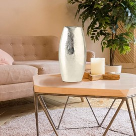 Modern Silver Sculptural Table Vase, Metal, Tall, Slim-line, Hand Made, Cast Aluminum, 2.5 L x 4.25 W x 8.75 H inches (17.0 L x 6.0 W x 22.0 H cm).