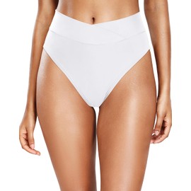 Tempt Me Women's High Waisted High Cut Bikini Bottom Crossover V Cut Bathing Suit Swim Bottom, White, Large