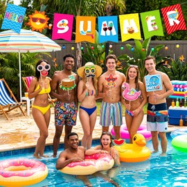 33PCS Summer Pool Beach Photo Booth Props, Summer Party Decorations Include Summer Photo Props Pre-Strung Hello Summer Banner Sticks for Tropical Tiki Hawaiian Party Supplies
