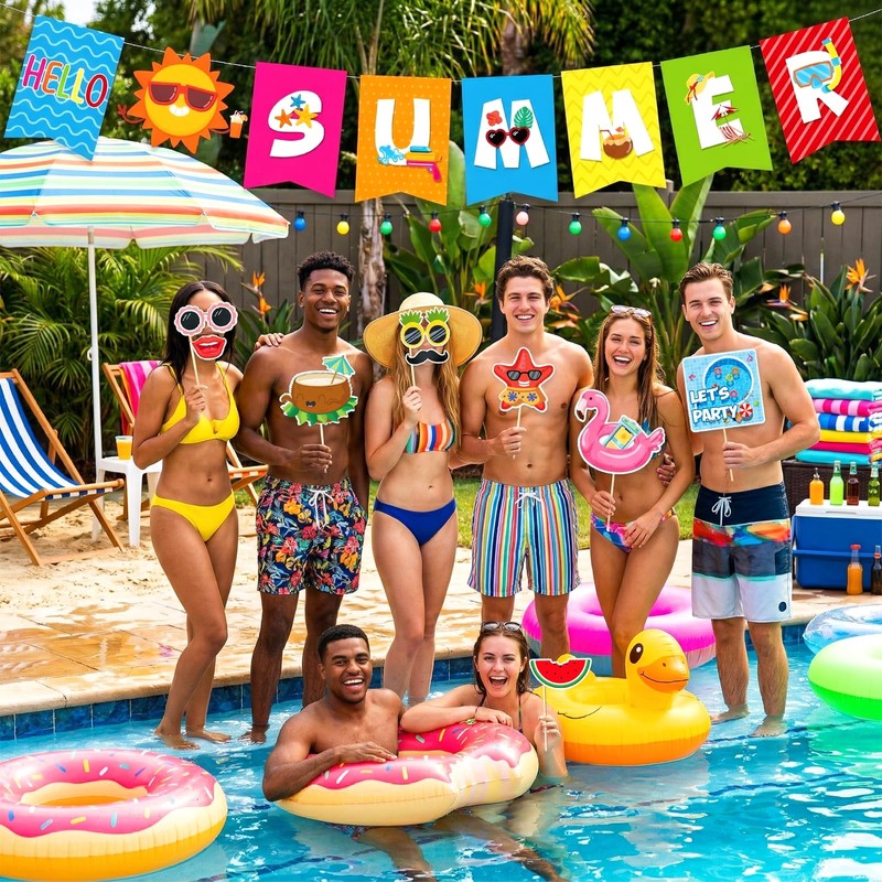 33PCS Summer Pool Beach Photo Booth Props, Summer Party Decorations