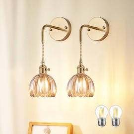 PiWWPi Vintage Wall Sconces Set of 2 with Cognac Tulip Glass Shade Brass Sconces Modern Wall Lighting Fixture with Switch for Bedroom Bedside Doorway