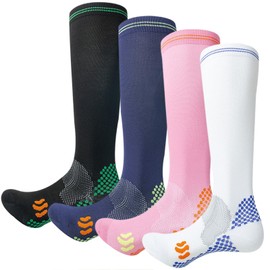 Dress Cici Stripes Graduated Compression Socks for Women, Dots Knee High Medium Compression Sock for Athletic Running (4 Pairs: Black+Navy+Pink+White)
