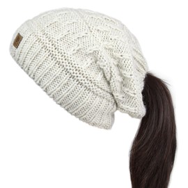 Ever Bloom Women's Knitted Hat with Cable Hole, Made in the EU, Beanie Hat for Women and Girls, Warm Knitted Winter Hat, beige