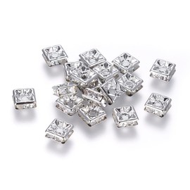 Crafans 100Pcs Square Brass Rhinestone Spacer Beads 6x3mm Platinum Color Plated Grade A Crystal Gems Rhinestone Rondelle Beads for Jewelry Making (Crystal)