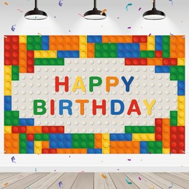 WeBenison Building Block Birthday Backdrop - Happy Birthday Photography Background Banner for Boys & Girls - Game Block Party - Outdoor & Indoor Banner Decorations - 6x4 ft