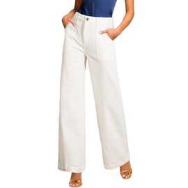 Sidefeel White Jeans Women Wide Leg High Waisted Stretchy Straight Leg Denim Pants with Front Pockets Size 12