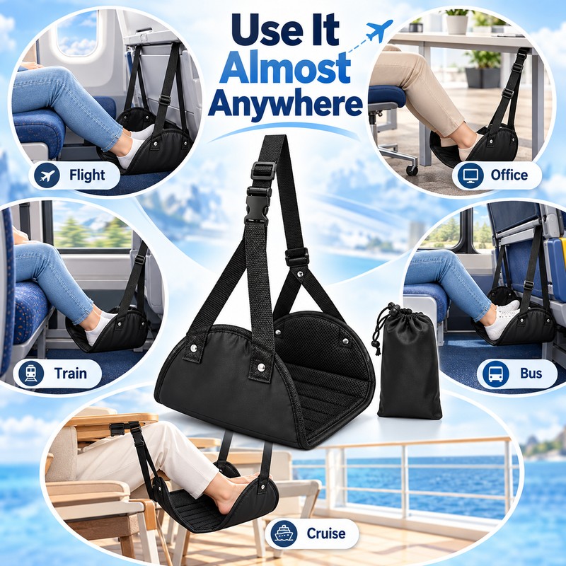 Airplane Footrest Hammock with Adjustable Strap, Portable Padded Travel Foot