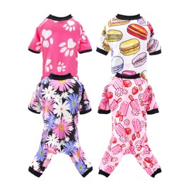 PET SHOW 4 Pack Small Dog Pajamas Summer Clothes Girl Doggies Soft Stretchy PJs Floral Paw Jumpsuit Puppy Cats Kitten Doughnut Ice Cream Onesies Outfits with Sleeve Pets Breathable Costume XS
