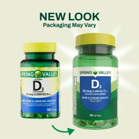 Spring Valley Vitamin D3 1000 IU (25 mcg) Softgels, Bone & Immune Health, 100 Ct