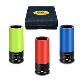 1/2 Inch Impact Wrench Nut Set, 17 19 21 mm Wheel Bolts Nut Set, Rim Protector for Wheel Change, CR-MO, Colour Coded, Non-Scratching, Protective Sleeves for Alloy Wheels, Ideal for the Automotive