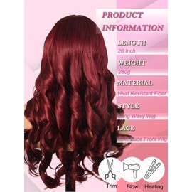 Barbique Burgundy Wig, Synthetic Lace Front Wigs Ready to Wear Glueless Wig Pre Plucked Synthetic Lace Front Wig Long Wavy 13x6 HD Lace Front Wig 26 Inch 99j Burgundy Wig for Black Women