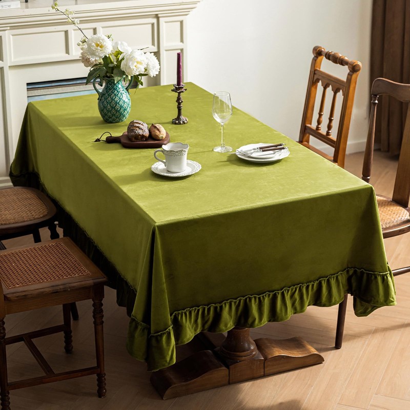 Chorowl Green Velvet Table Cloth Rectangular Decorative Ruffle 60x102 Inch