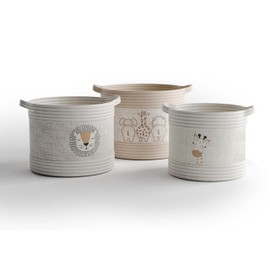 RGI Home Decorative Storage Baskets with Safari Animal Prints – Set of 3 Round Fabric Rope and Linen Organizer Bins for Nursery or Playroom, Multi-Sized with Easy-Carry Handles, Ivory, Tan, and Linen