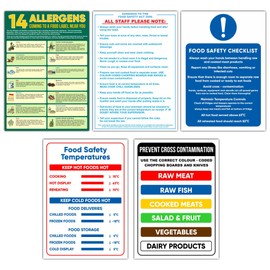 Comprehensive Food Safety Signs and Stickers Pack – Includes 14 Allergens Notice, Food Safety Checklist, Guidance to Food Safety Act 2006, Food Safety Temperatures, Prevent Cross Contamination Notice