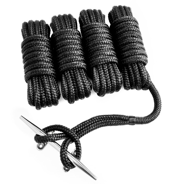Young Marine 4 Pack 1/2” X 15’ Dock Lines Marine-Grade Double-Braided Nylon Dock Line with 12” Eyelet.Hi-Performance Boat Rope Mooring Rope Dock Line