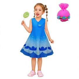 Cute Female Princess Dress for Girls Summer Holidays Party Dress with Blue Flower Crown Wig Set Up