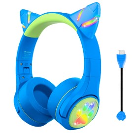 Riwbox Kids Bluetooth Headphones, CF9 Cat Ear Headphones with LED Light, Boom Mic&Built-in Mic for Calls, 85dB Volume Limited Kids Headphones Wireless&Wired for School Tablet PC Phones (blue&green)