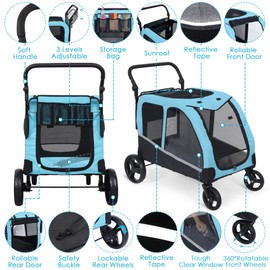 Saudism Dog Stroller for Large Dogs, Extra Large Pet Stroller for Medium Dogs, Dog Wagon Carriage, Foldable Design, Adjustable Handle, with Pocket, Up to 130 lbs, Blue