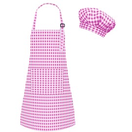 TOPWAYS Grid Kids Apron and Chef Hat Set, Adjustable Check Child Chef Aprons with 2 Pockets, Lattice Print Children's Apron for Kids Toddler Painting Baking Cooking Artist (Purple, L（7-13Years）)