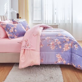 AIKASY Pink and Light Purple Twin Comforter Set with Sheets,Bed in a Bag 6-Pieces,Branches and Flowers Printing Design,Ultra Soft Down Alternative All Season Bedding Set(Twin,Blossom Stem)