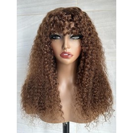 Doiwile Chocolate Brown Curly Wigs with Bangs Human Hair for Women 4x4 HD Lace Glueless Wig Human Hair Human Hair Wig with Bangs 22inch