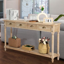 Wnutrees Farmhouse Console Table with 4 Drawers, 60" Long Narrow Boho Sofa Foyer Table with Large Storage Space, Solid Wood Frame and Legs for Entryway, Hallway, Living Room, Natural