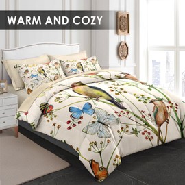 Pamnest Comforter Set Full Size, Vintage Birds Butterfly Colorful 7 Pcs Bedding for Kids and Adults, Floral Spring Beige Bed Sheet Sets with Fitted Sheet 2 Pillowcase & 2 Sham for Bedroom Bed Decor