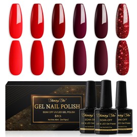 Shining She Semi-Permanent Nail Polish, 6 Colors Ruby Red Deep Glitter, UV Soak-Off for Beginners Nail Art DIY, 8ml