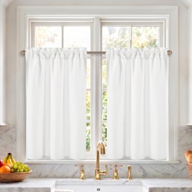 DWCN White Faux Linen Kitchen Curtains, 36 Inch Drop Cafe Curtains for Small Windows, Solid Colour Short Window Curtain Tiers for Bathroom, Cupboard, Sink, Rod Pocket, W 26 x L 36 Inch, 2 Panels