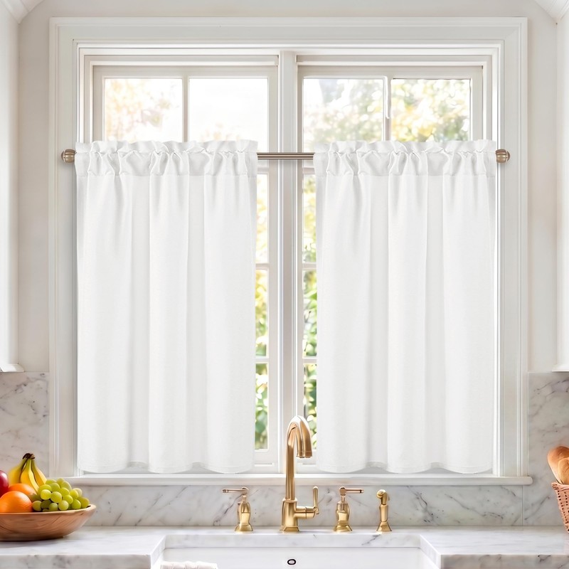 DWCN White Faux Linen Kitchen Curtains, 36 Inch Drop Cafe