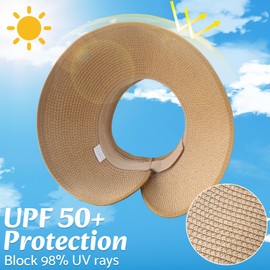 NPQQUAN Sun Visor Hats for Women Wide Brim Ponytail Straw Beach Hat Packable Foldable UPF 50+ Travel Hats Brown