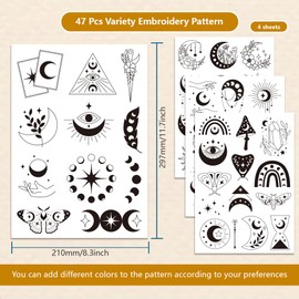 INFUNLY 4 Sheets 47 Pcs Divination Element Water Soluble Stabilizer Self Adhesive Washable Stabilizer with Pre-Printed Moon Eyes Sun Hand Sewing Stabilizers Divination Graphic Embroidery for Clothing